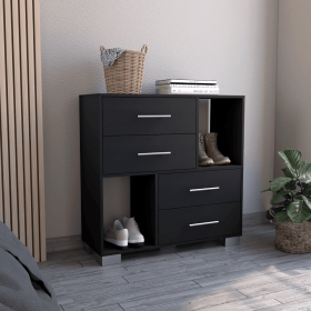 Dresser Hetzs, Four Drawers, Two Open Shelves, Black Wengue Finish