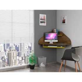Manhattan Comfort Bradley Floating Corner Desk with Keyboard Shelf in Rustic Brown and Yellow