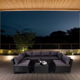 7-Piece Outdoor Patio Furniture Sets, All-Weather Wicker Rattan Sectional Sofa, Modern One Glass Coffee Table and Washable Seat Cushion (Black+Gray)