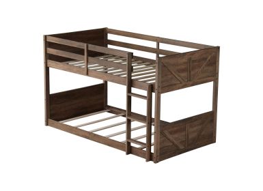 Twin over Twin Floor Bunk Bed with Panelled Headboard and Footboard, Solid Rubber Wood Foundation with Safety Guardrails, Built-in ladder,Antique Oak