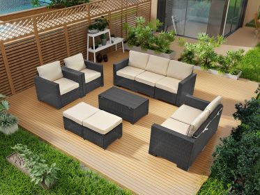 10 Piece PE Rattan Patio Furniture Set, Sectional Sofa Set, Outdoor Patio Furniture Set With Cushions & Tempered Glass Coffee Table