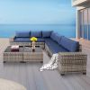 7-Piece Outdoor Patio Furniture Sets, All-Weather Wicker Rattan Sectional Sofa, Modern Two Glass Coffee Table and Washable Seat Cushion(Grey Blue)