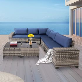 7-Piece Outdoor Patio Furniture Sets, All-Weather Wicker Rattan Sectional Sofa, Modern Two Glass Coffee Table and Washable Seat Cushion(Grey Blue)