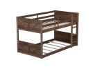 Twin over Twin Floor Bunk Bed with Panelled Headboard and Footboard, Solid Rubber Wood Foundation with Safety Guardrails, Built-in ladder,Antique Oak