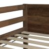 Twin over Twin Floor Bunk Bed with Panelled Headboard and Footboard, Solid Rubber Wood Foundation with Safety Guardrails, Built-in ladder,Antique Oak
