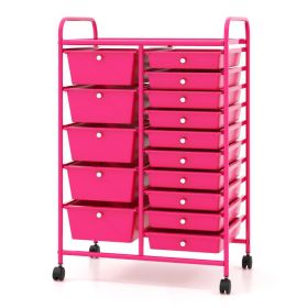 15-Drawer Utility Rolling Organizer Cart Multi-Use Storage (Color: Pink)
