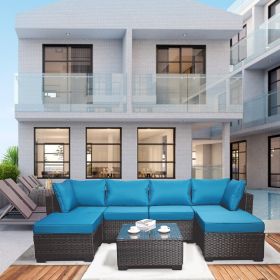 7 Pieces Outdoor Patio Sectional Sofa Couch, Silver Gray PE Wicker Furniture Conversation Sets with Washable Cushions & Glass Coffee Table for Garden (Color: Brown)