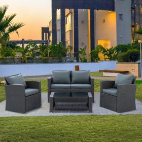 Patio Furniture, Outdoor Furniture, Seasonal PE Wicker Furniture, Four Set Wicker Furniture With Black Tempered Glass Coffee Table (Main Material: PE Rattan+Iron+Waterproof Fabric, Main Color: Dark Brown)