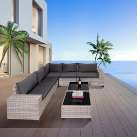 7-Piece Outdoor Patio Furniture Sets, All-Weather Wicker Rattan Sectional Sofa (Main Material: Rattan+Glass, Main Color: White+gray)